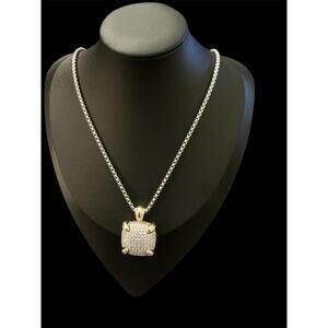 Silver Necklace with Square Crystal Pave Pendant